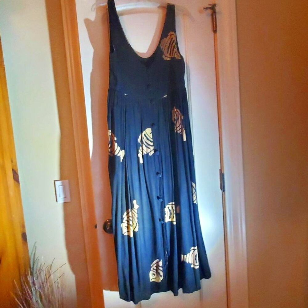 Button Front Black Sundress with Tan Fish